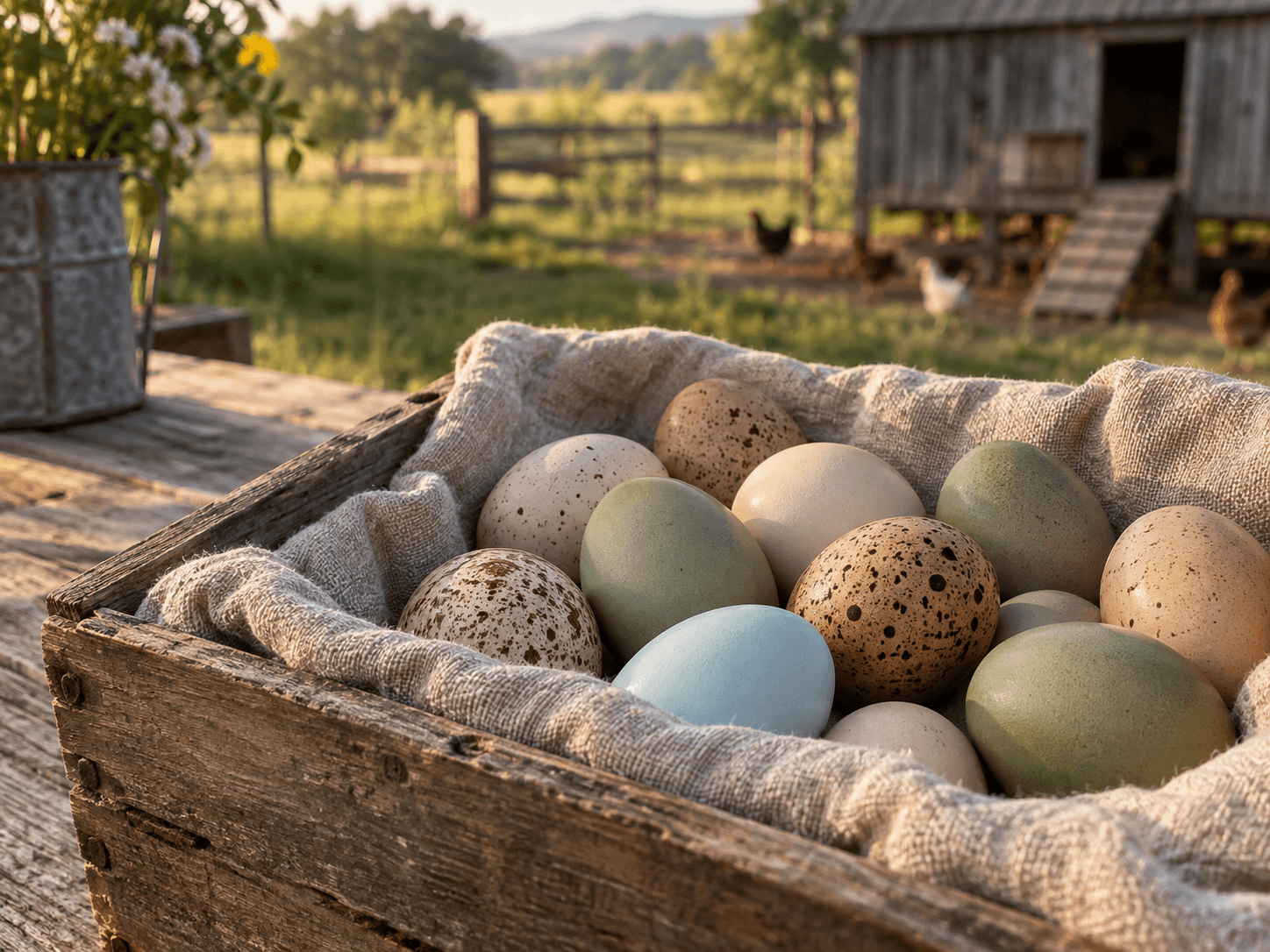 A collection of naturally blue, green, cream, and speckled chicken eggs