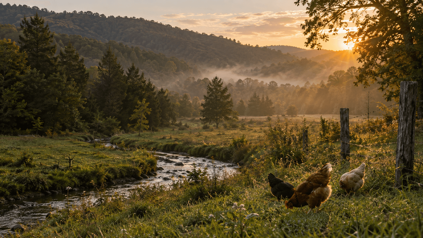 Hens beside a creek on wooded East Tennessee farmland at sunrise